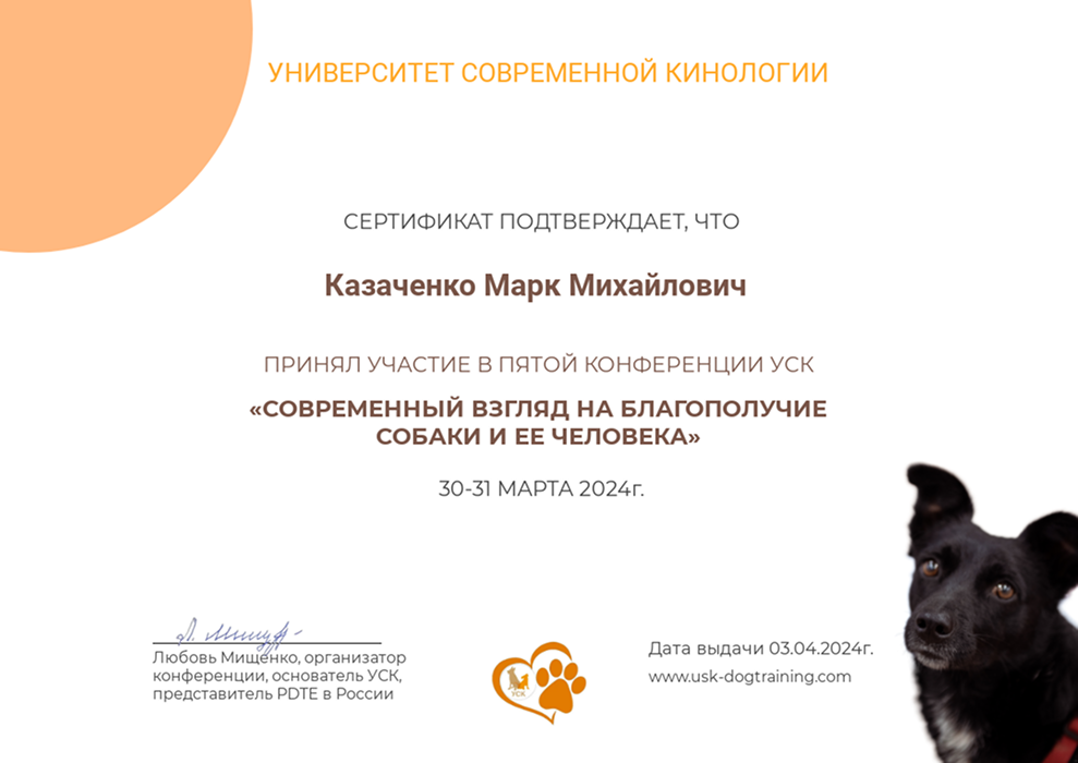 Сертификат конференции о благополучии собаки